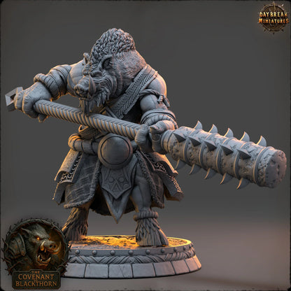 Bruth Thistlemane boarfolk enforcer miniature by Daybreak Miniatures, 32mm or 54mm resin figure for fantasy TTRPG and wargame villains.