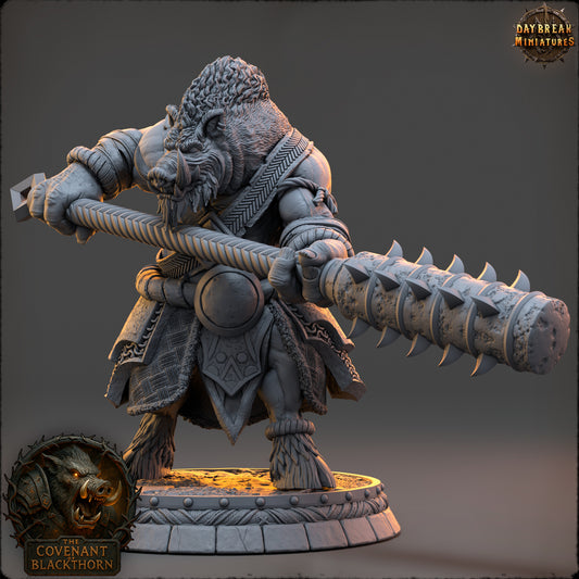 Bruth Thistlemane boarfolk enforcer miniature by Daybreak Miniatures, 32mm or 54mm resin figure for fantasy TTRPG and wargame villains.