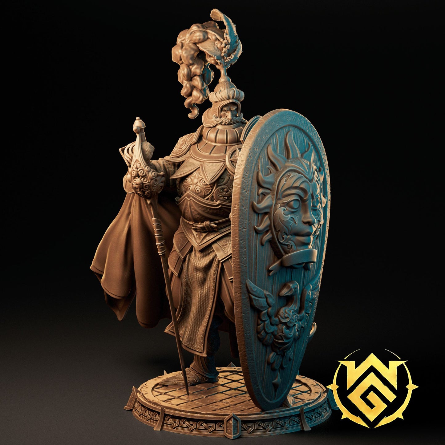 Bruti the Benediction resin miniature and bust with ornate armor and holy shield on detailed base.