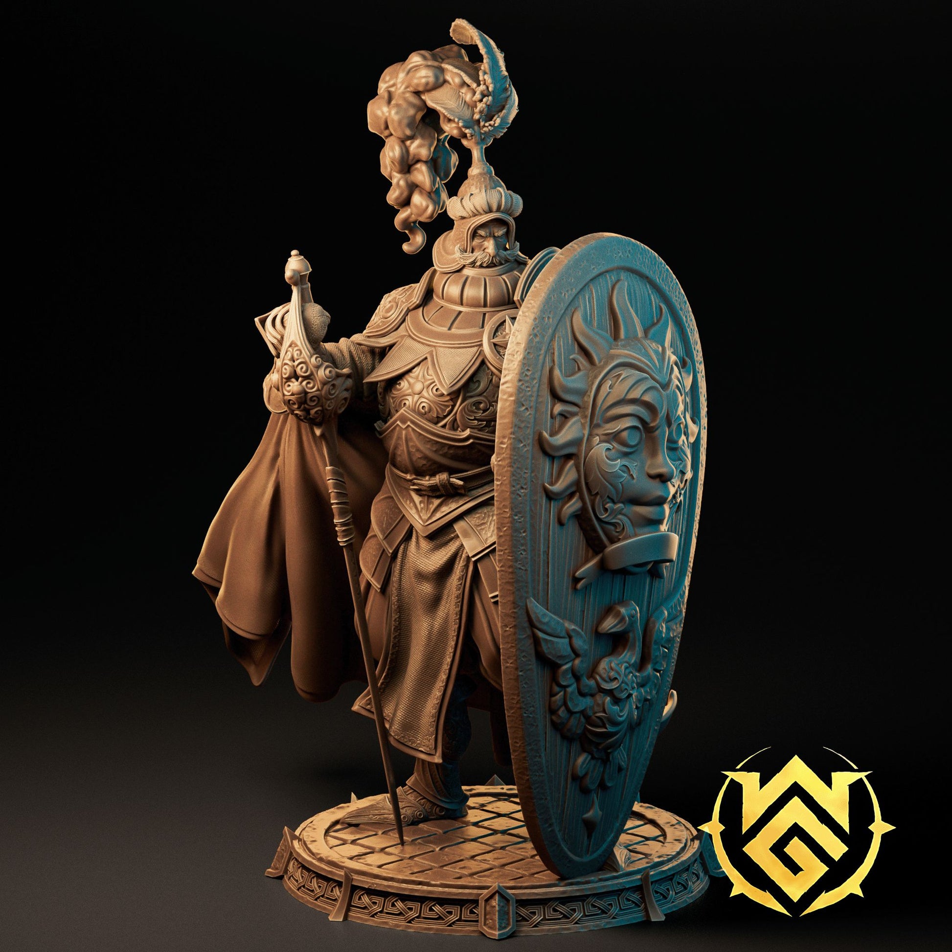 Bruti the Benediction resin miniature and bust with ornate armor and holy shield on detailed base.