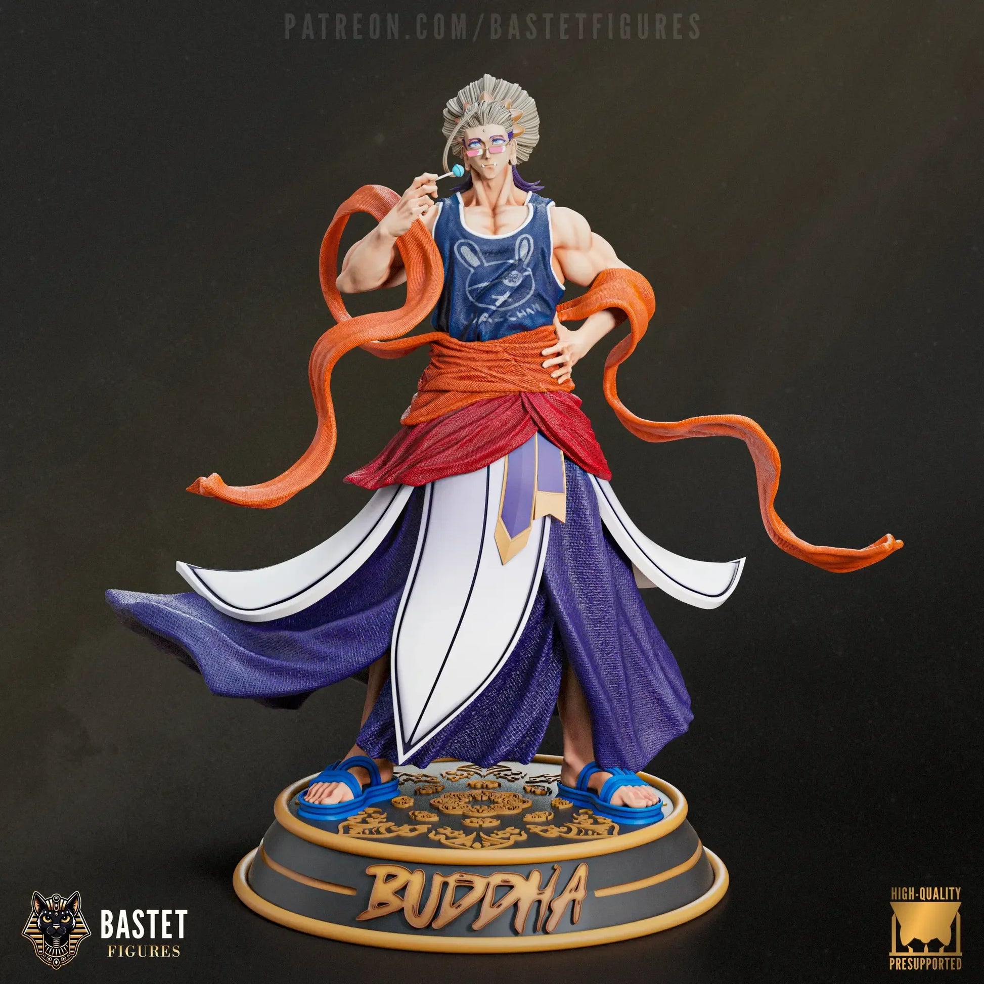 Fully painted Buddha statue in anime-inspired style with detailed shading, lollipop, and expressive facial features.