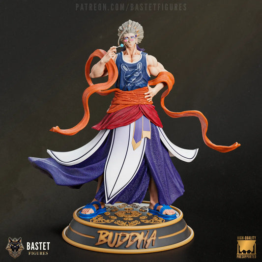 Fully painted Buddha statue in anime-inspired style with detailed shading, lollipop, and expressive facial features.