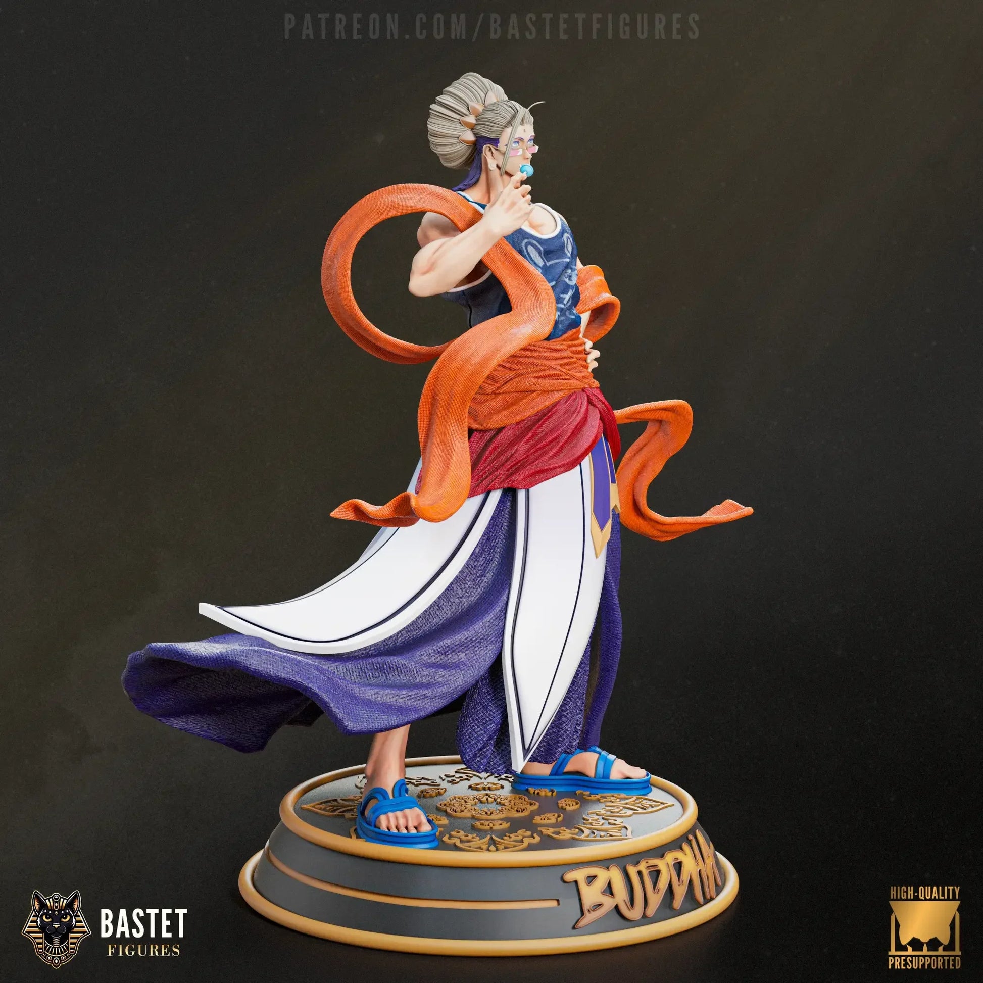 Painted Buddha figure from Record of Ragnarok, viewed from back to highlight sash, robes, and hairstyle.