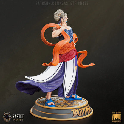 Painted Buddha figure from Record of Ragnarok, viewed from back to highlight sash, robes, and hairstyle.