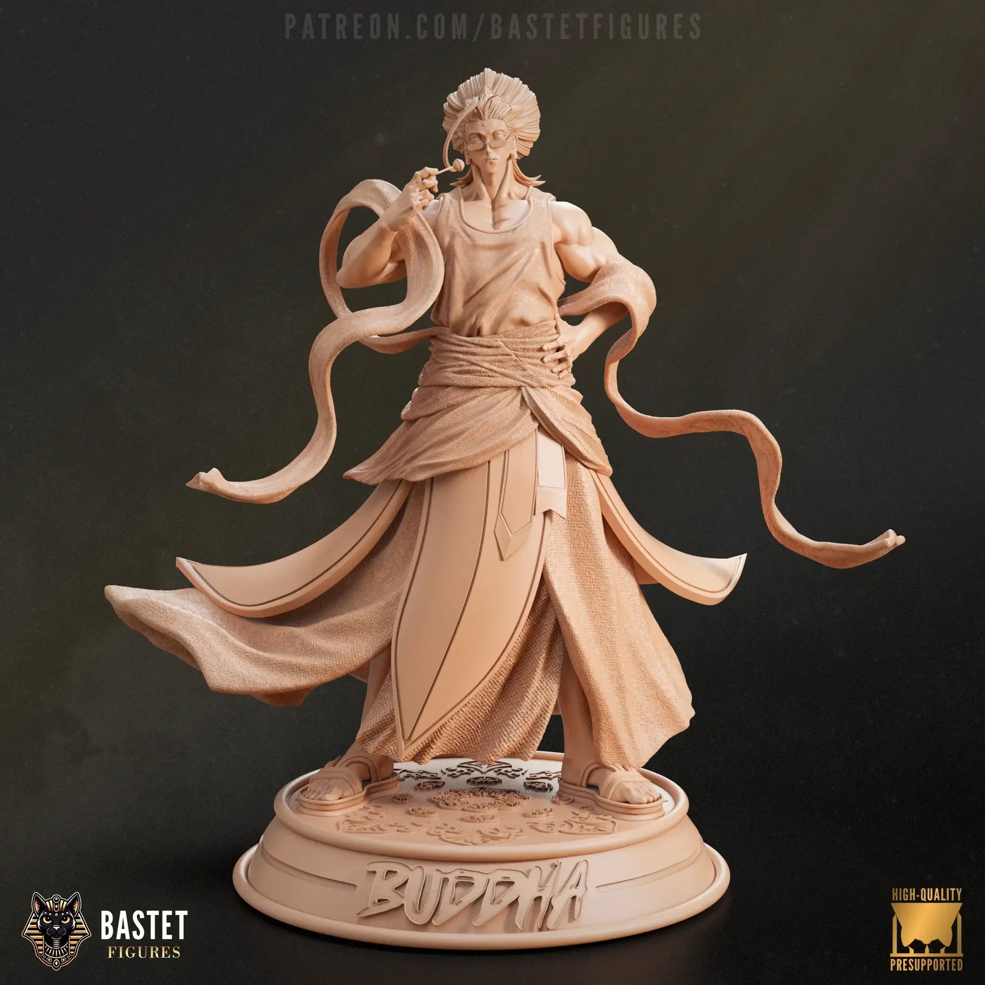 Front view of unpainted Buddha statue model with layered flowing robes, glasses, and hand raised near face.