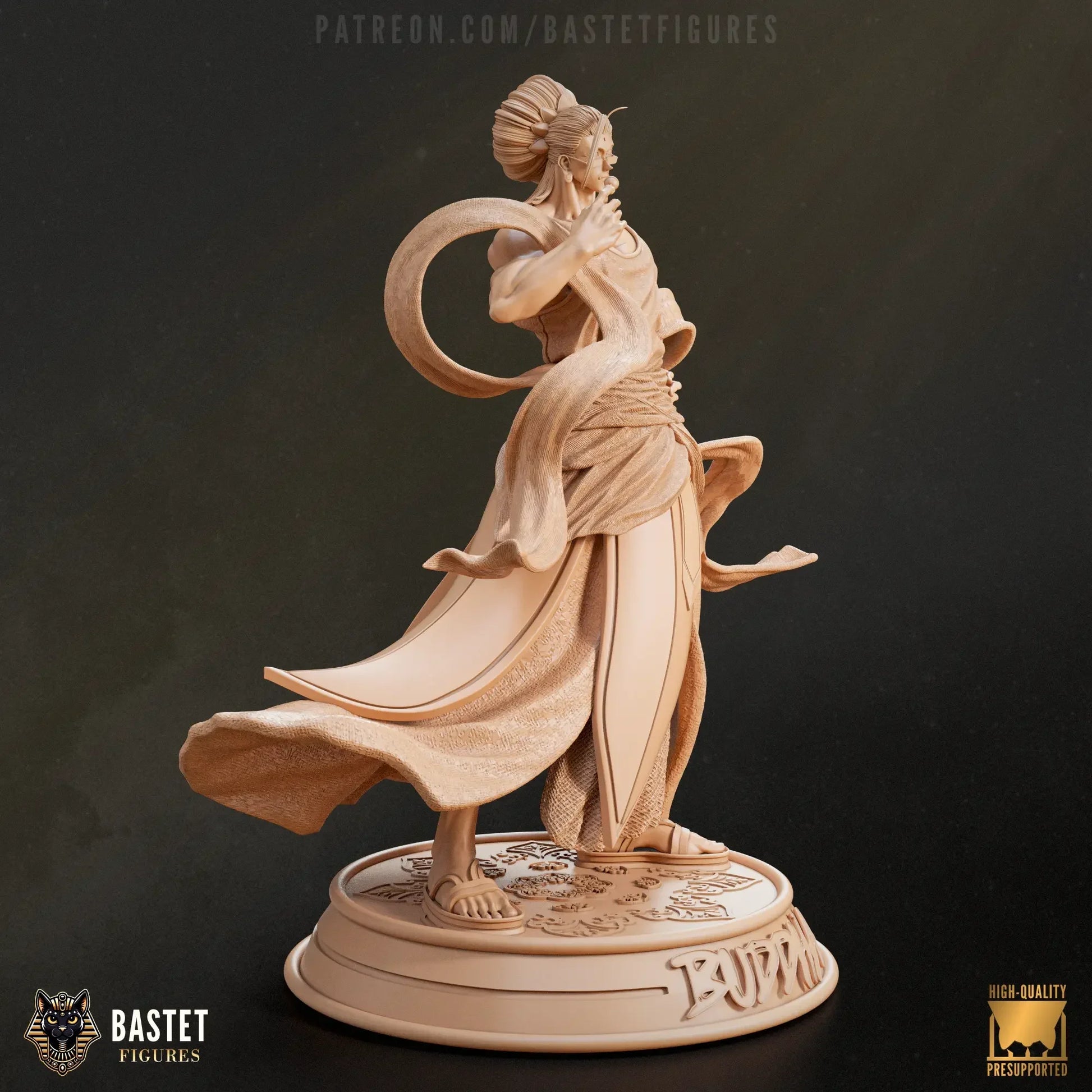 Side angle of unpainted Buddha model highlighting robe texture and dramatic sash motion.