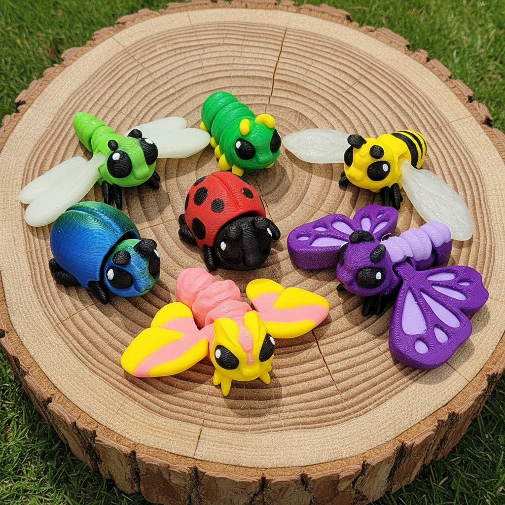 Bug Hatchlings Pack with 7 colorful 3D printed insects including ladybug, beetle, caterpillar, bee, butterfly, dragonfly and rosy moth displayed on wood slice