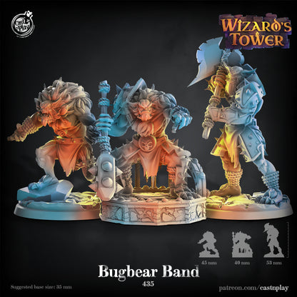 Bugbear Band resin miniature trio with weapons and armor in 32mm scale