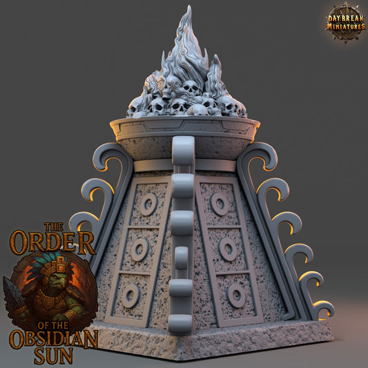 Burning Sacrificial Pyre resin terrain piece from The Order of the Obsidian Sun, stone pyre with flames and skulls for TTRPG and fantasy campaigns.
