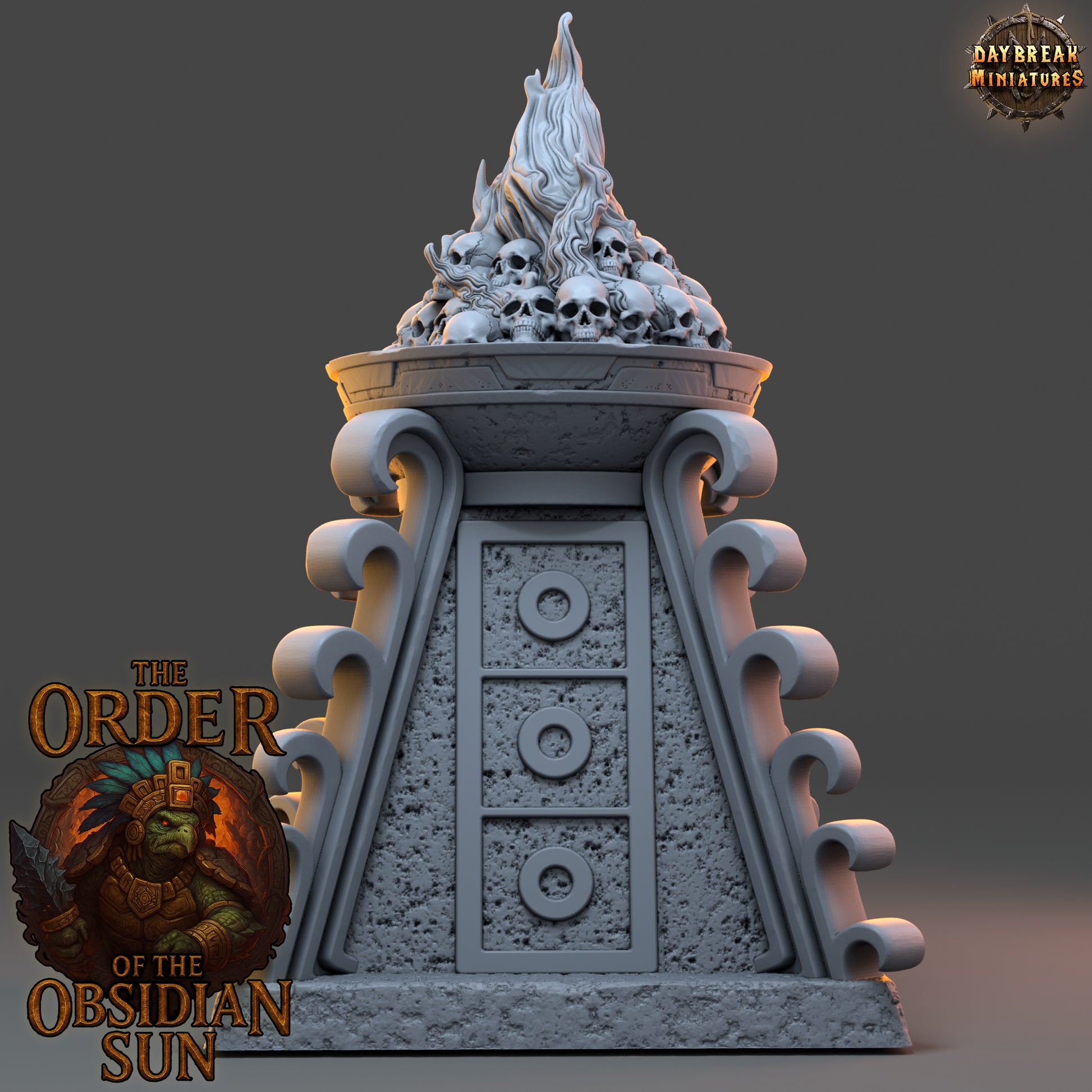 Burning Sacrificial Pyre resin terrain piece from The Order of the Obsidian Sun, stone pyre with flames and skulls for TTRPG and fantasy campaigns.