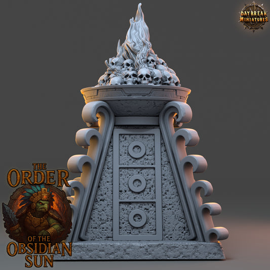 Burning Sacrificial Pyre resin terrain piece from The Order of the Obsidian Sun, stone pyre with flames and skulls for TTRPG and fantasy campaigns.