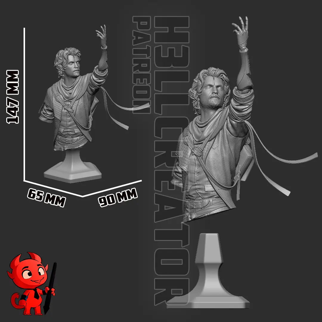 Bust Dimensions of Gustave resin fan art from Clair Obscur: Expedition 33 – 3D printed resin figure in spellcasting pose with lightning and detailed clothing.
