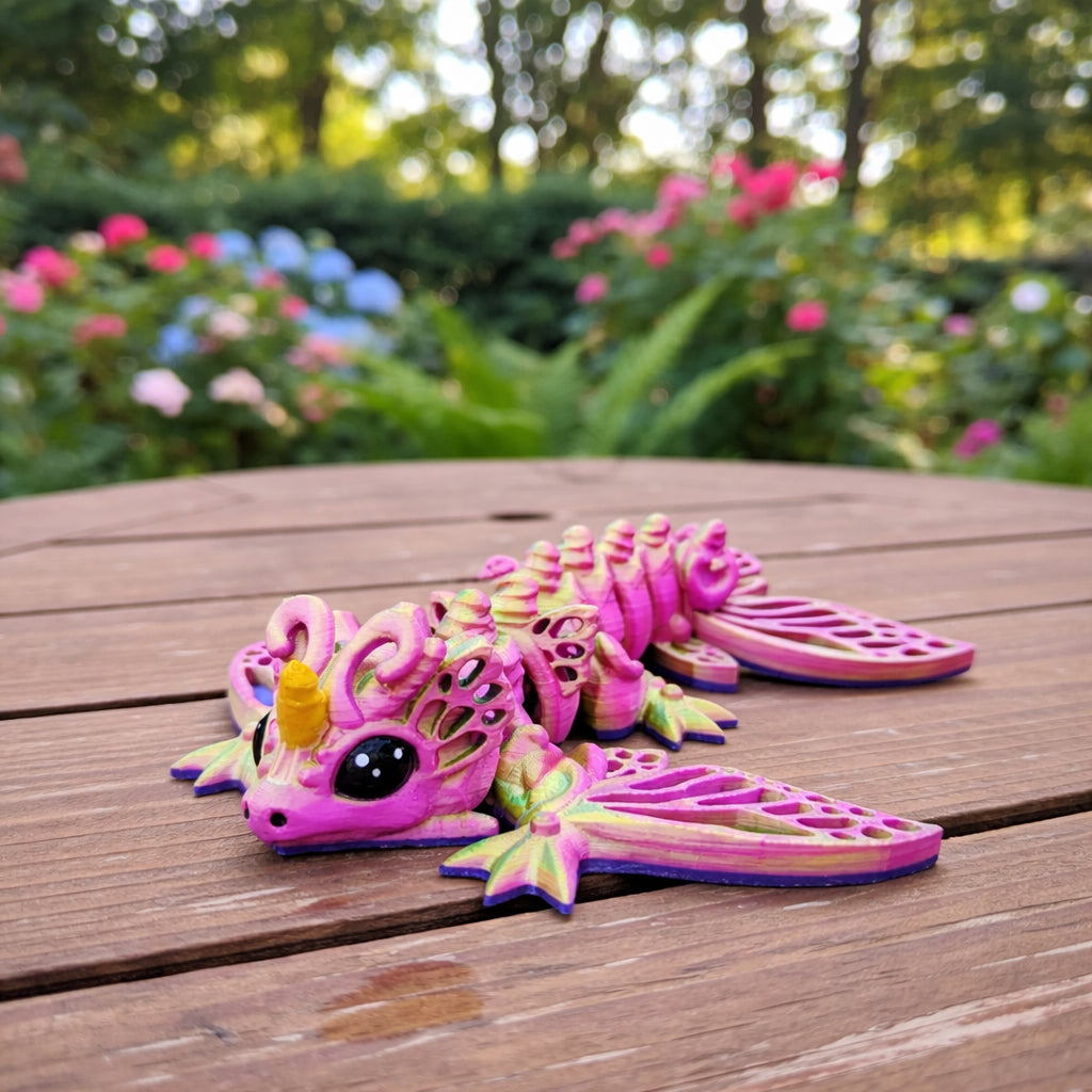 Butterfly wyvern toy or keychain featuring a colorful articulated 3D printed dragon with butterfly style wings vibrant pink green and yellow tones glossy eyes and flexible joints displayed outdoors on a neutral surface for gifts accessories or sensory play