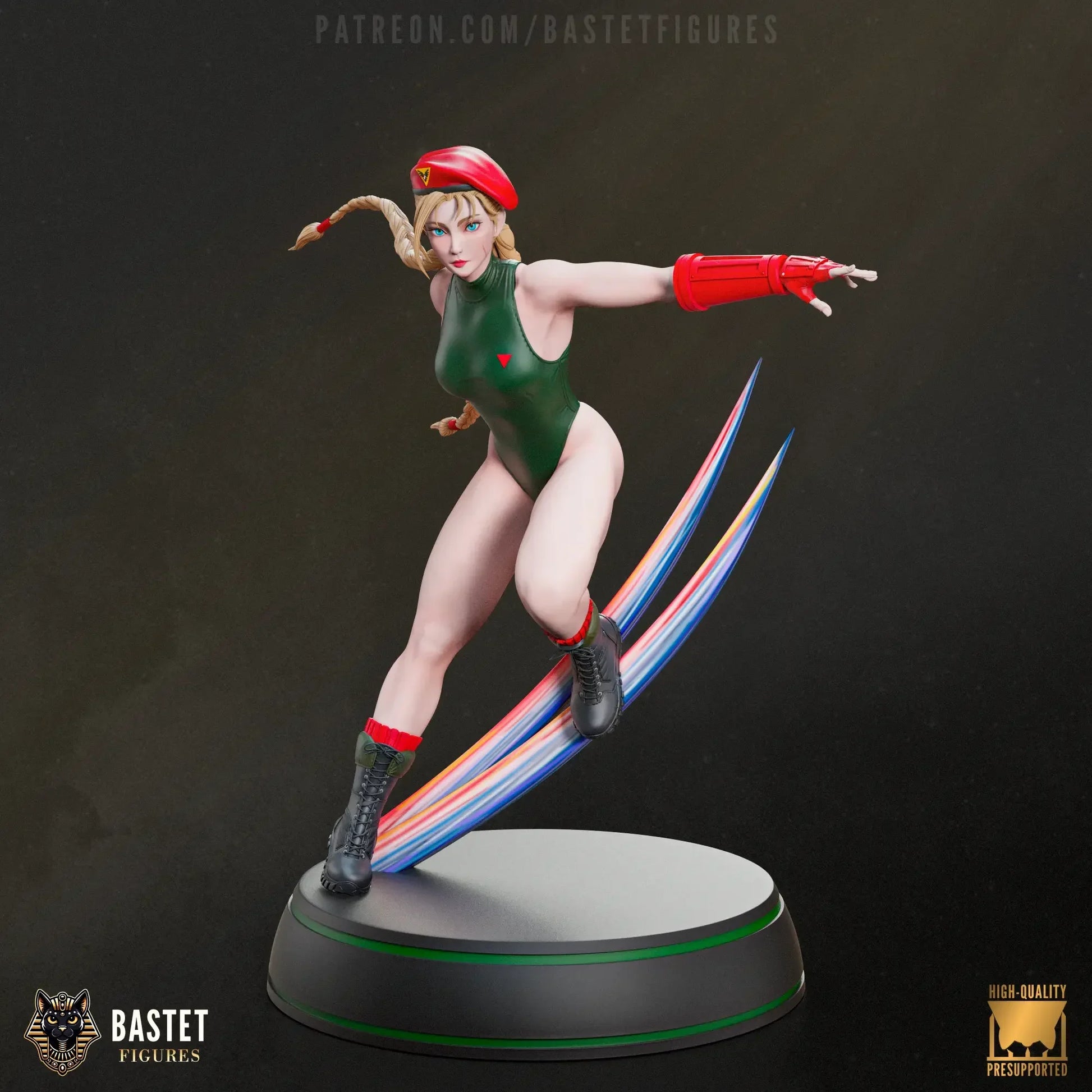 Front-facing view of Cammy from Street Fighter in green suit and red gauntlets, posed mid-attack