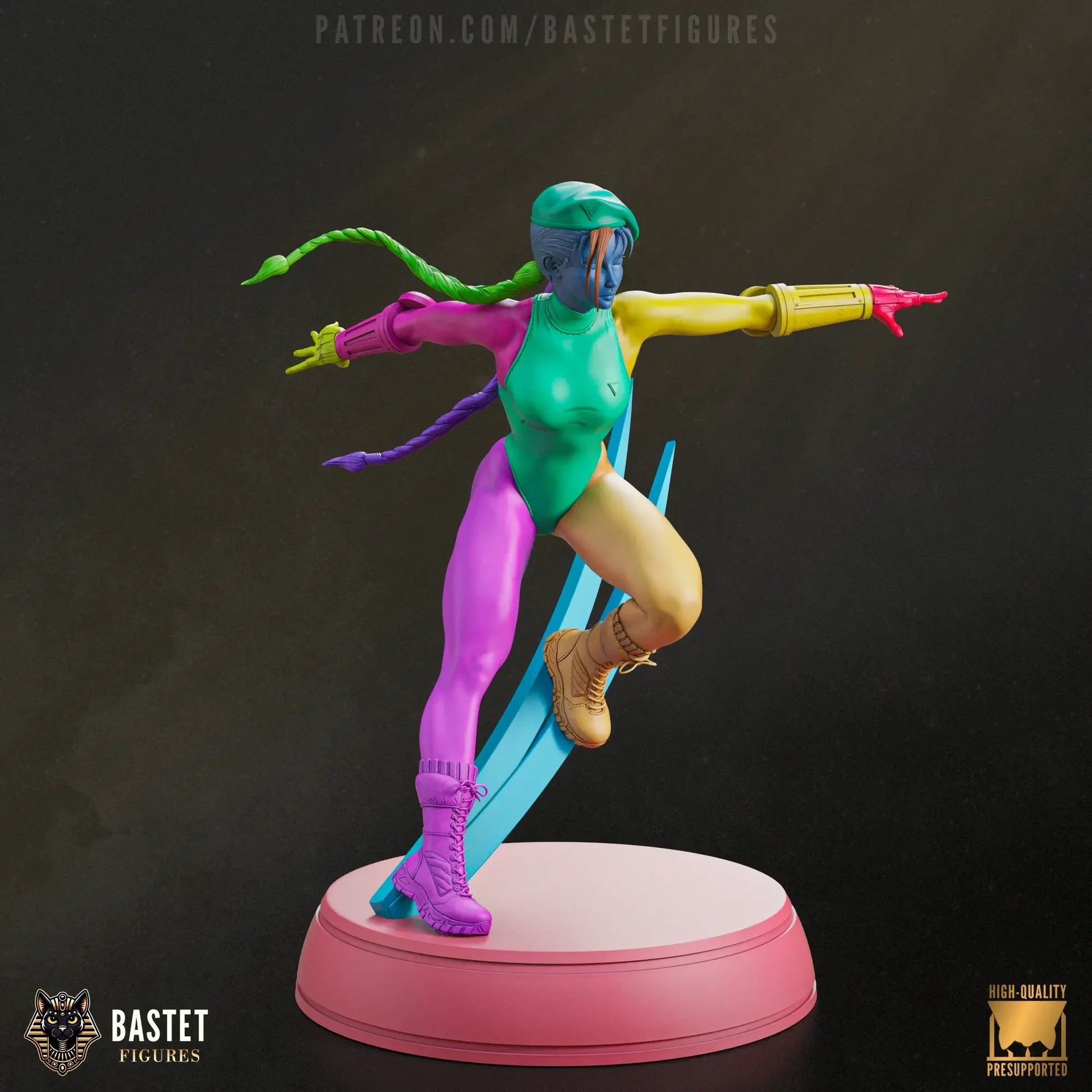 Exploded view of 3D printed Cammy statue showing individual color-coded parts including limbs, head, braids, arms, torso, and dynamic base for easy assembly.