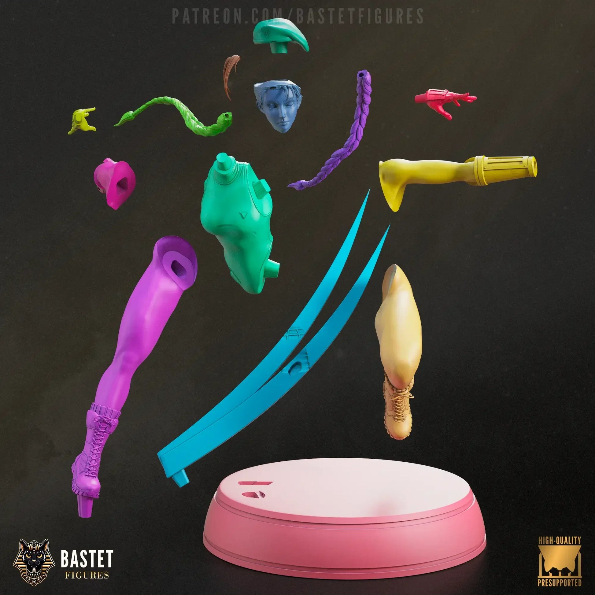 Full 3D render of Cammy from Street Fighter in a dynamic pose, color-coded for print separation, highlighting articulation and base connection.