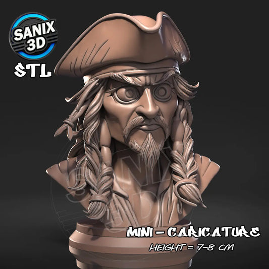 Alt text: Captain Jack Sparrow caricature bust 7–8 cm resin figure, perfect for pirate fans and collectors, available raw, primed, or painted.