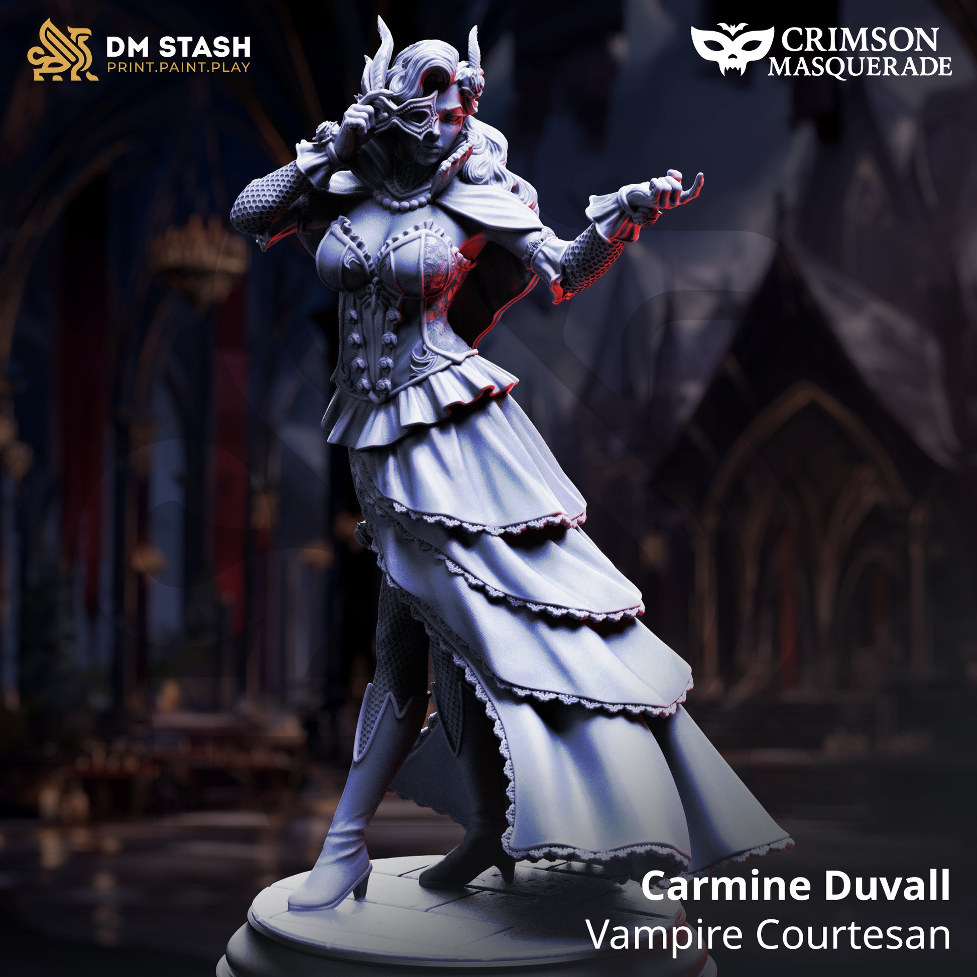 Carmine Duvall Vampire Courtesan resin miniature, gothic masquerade vampire in layered dress with mask – fantasy TTRPG villain