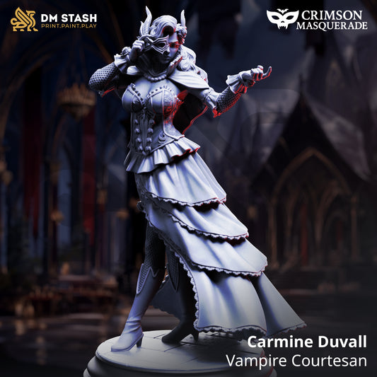 Carmine Duvall Vampire Courtesan resin miniature, gothic masquerade vampire in layered dress with mask – fantasy TTRPG villain