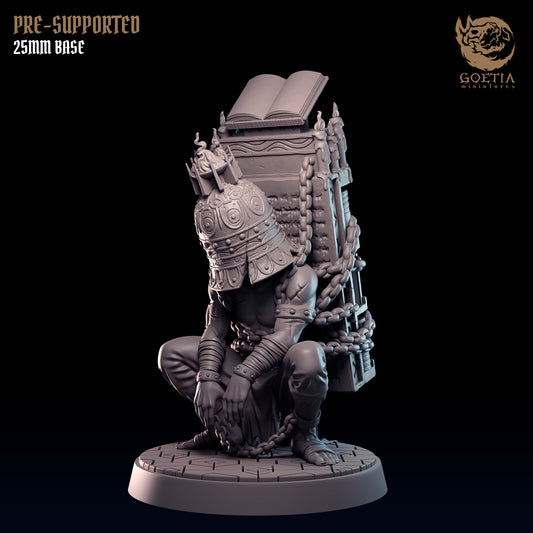 Carrier of the Words 25mm resin miniature by Goetia Miniatures, chained NPC lorekeeper for horror TTRPG and dark fantasy terrain scenes.