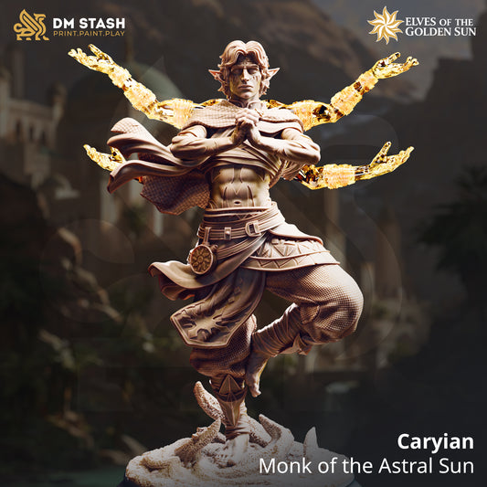 Caryian Monk of the Astral Sun miniature by DM Stash, unpainted grey resin elf figure with four astral arms in 32mm and 75mm Huge scale.