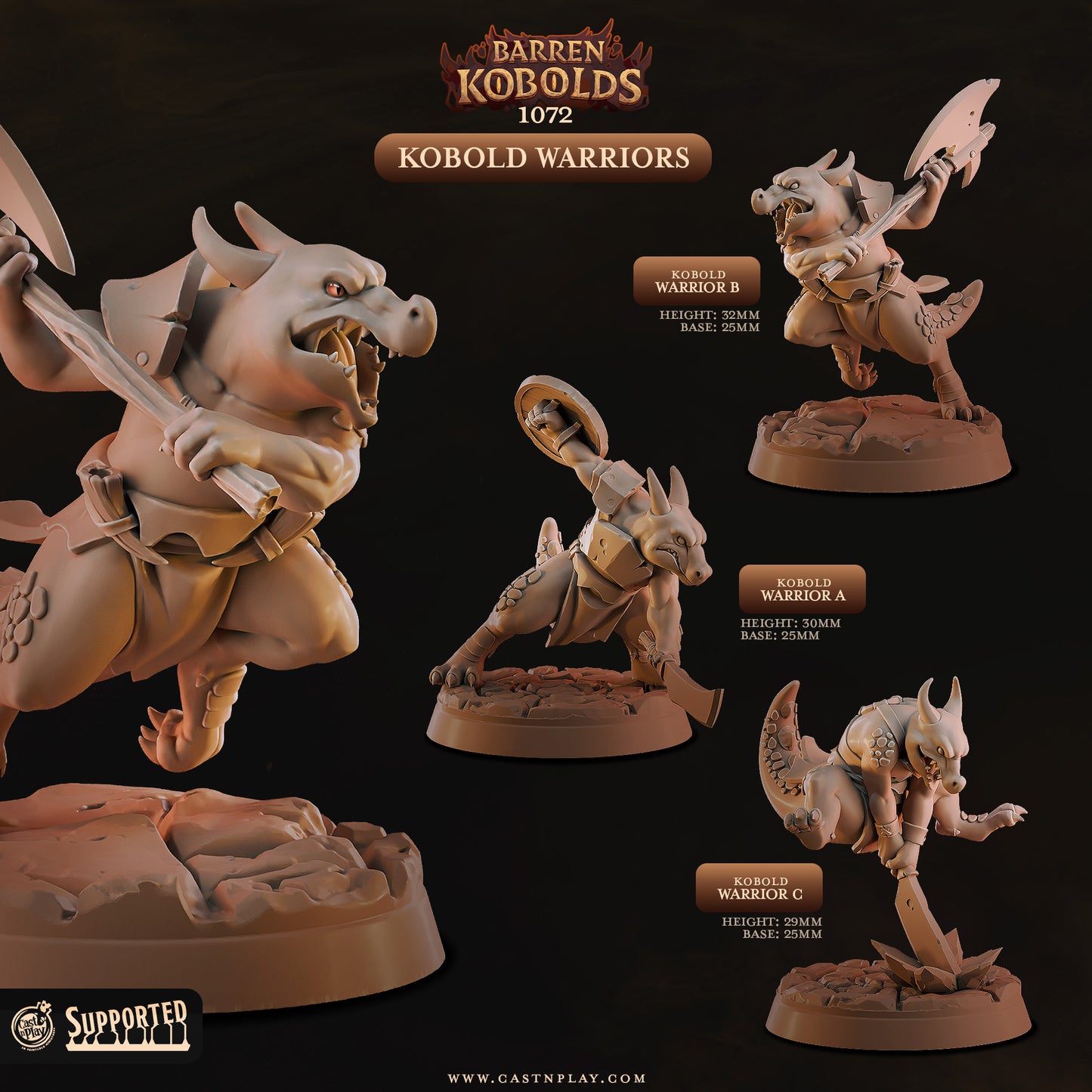 Set of three unique Kobold Warrior resin miniatures by Cast n Play featuring spears, shields, and desert-themed scenic bases.