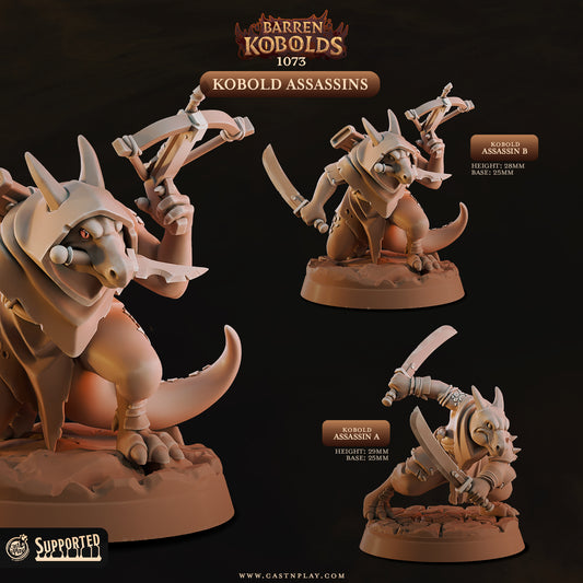 2 unique Kobold Assassin resin 32mm miniatures by Cast n Play featuring daggers, stealthy poses, and desert-themed scenic bases.