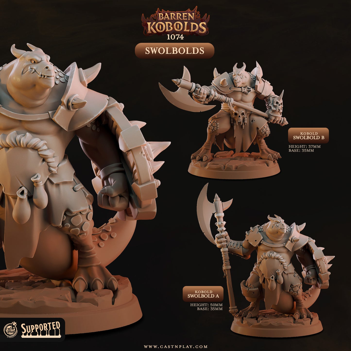 Set of two unique Swolbold resin miniatures by Cast n Play featuring heavy axes, muscular builds, and scenic desert-themed 35mm bases.