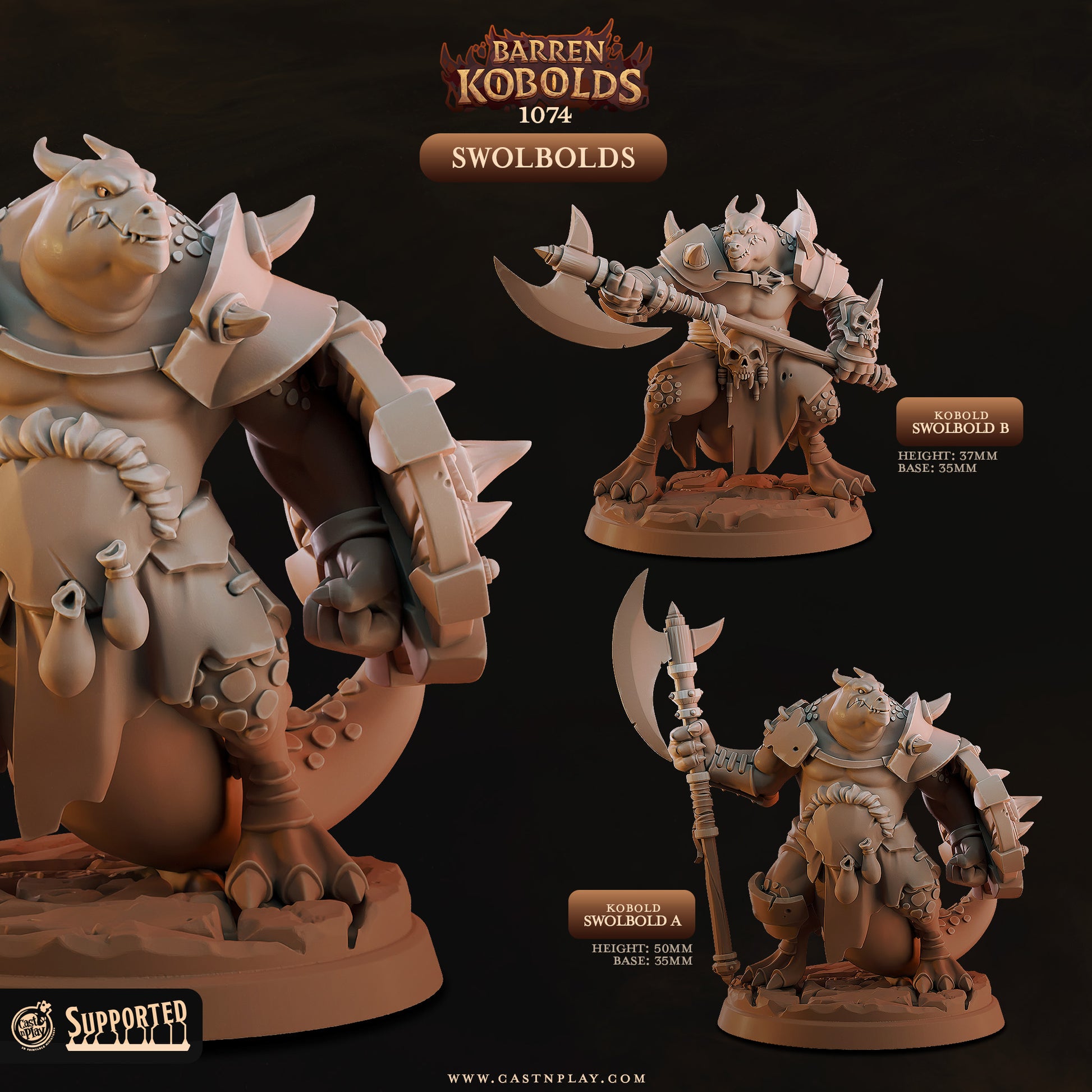 Set of two unique Swolbold resin miniatures by Cast n Play featuring heavy axes, muscular builds, and scenic desert-themed 35mm bases.