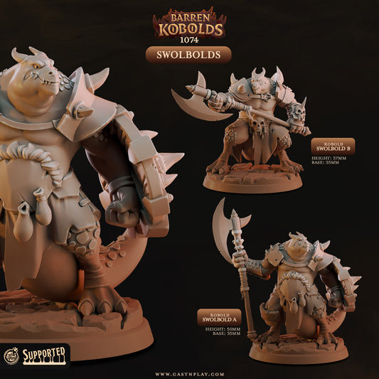 Set of two unique Swolbold resin miniatures by Cast n Play featuring heavy axes, muscular builds, and scenic desert-themed 35mm bases.