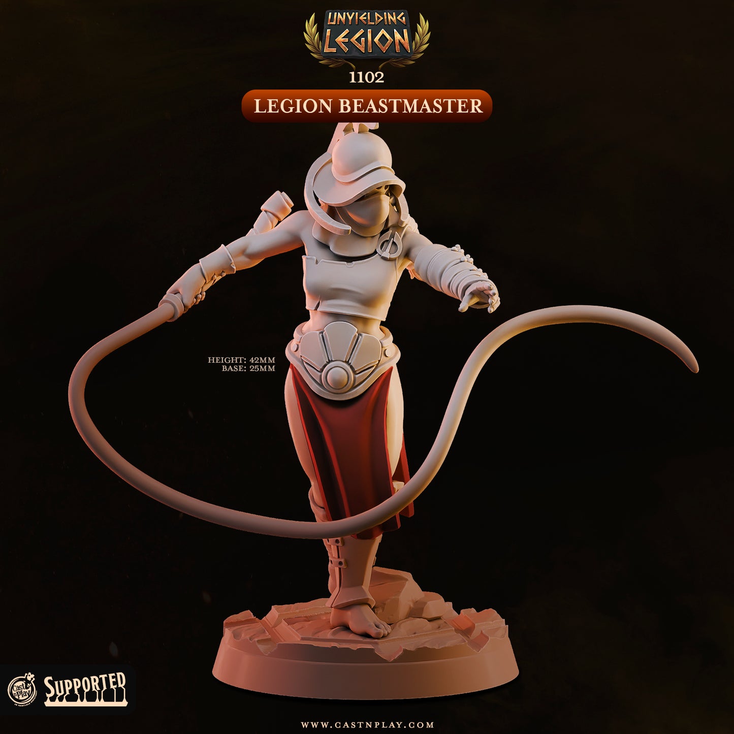 Front view of the unpainted resin miniature Legion Beastmaster wearing a gladiator helmet and sweeping a long whip around her torso on a 25mm rocky base.