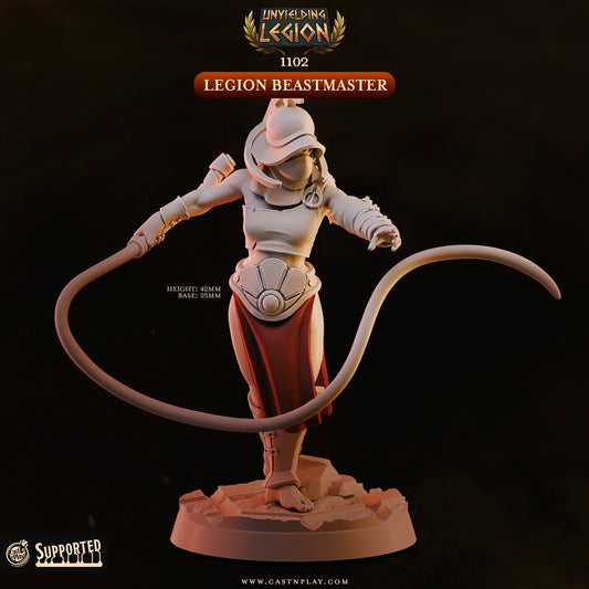 Front view of the unpainted resin miniature Legion Beastmaster wearing a gladiator helmet and sweeping a long whip around her torso on a 25mm rocky base.