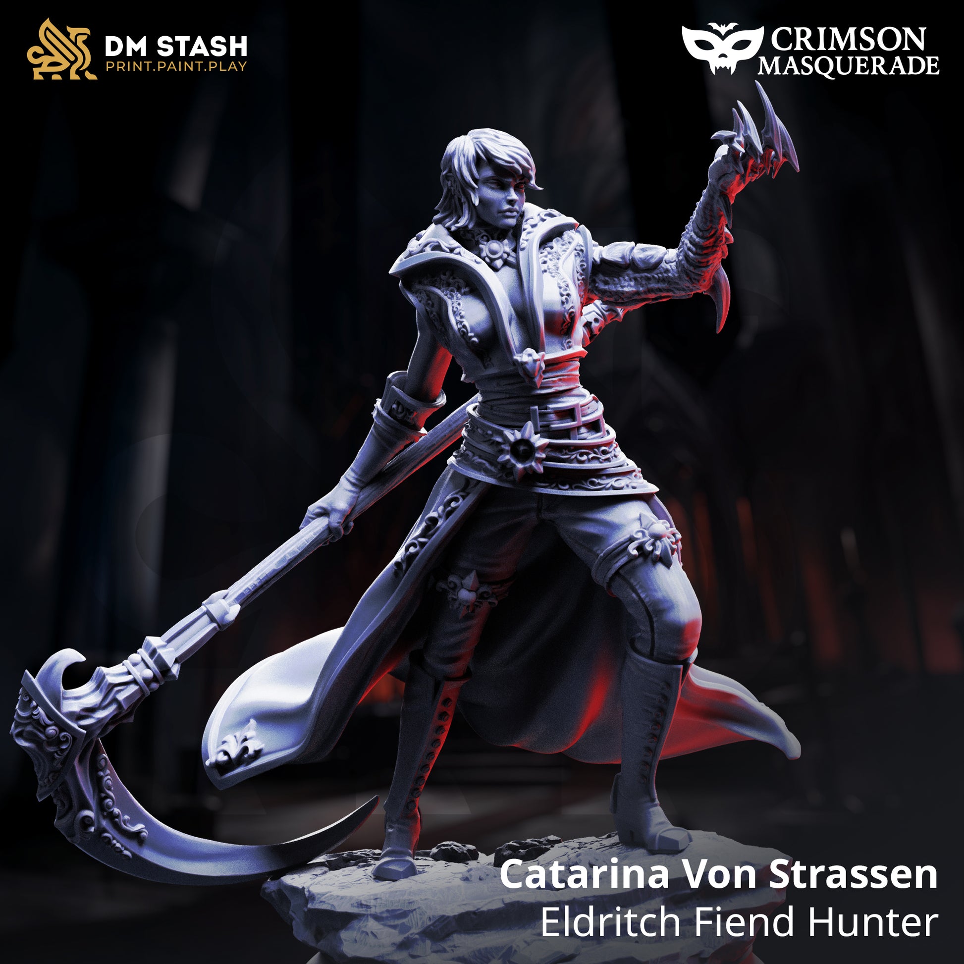 Catarina Von Strassen, vampire hunter of the Crimson Masquerade. High-detail resin miniature. DIY kit, raw, primed, or painted for TTRPGs or display.
