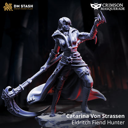 Catarina Von Strassen, vampire hunter of the Crimson Masquerade. High-detail resin miniature. DIY kit, raw, primed, or painted for TTRPGs or display.