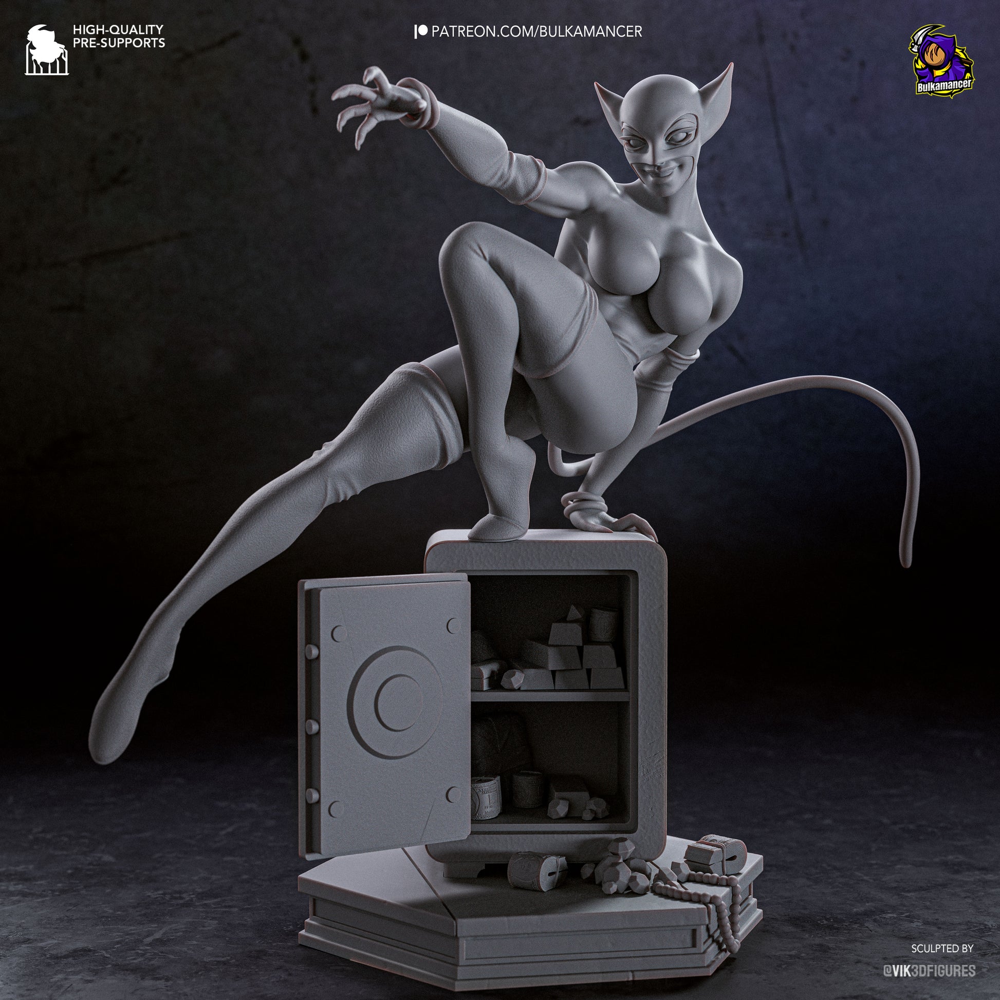 Unpainted grey resin 3D print of Bulkamancer Sculpts Catwoman garage kit