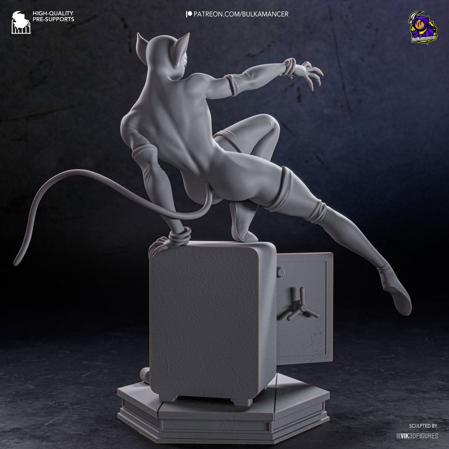 Unpainted grey resin back view of 3D print of Bulkamancer Sculpts Catwoman garage kit