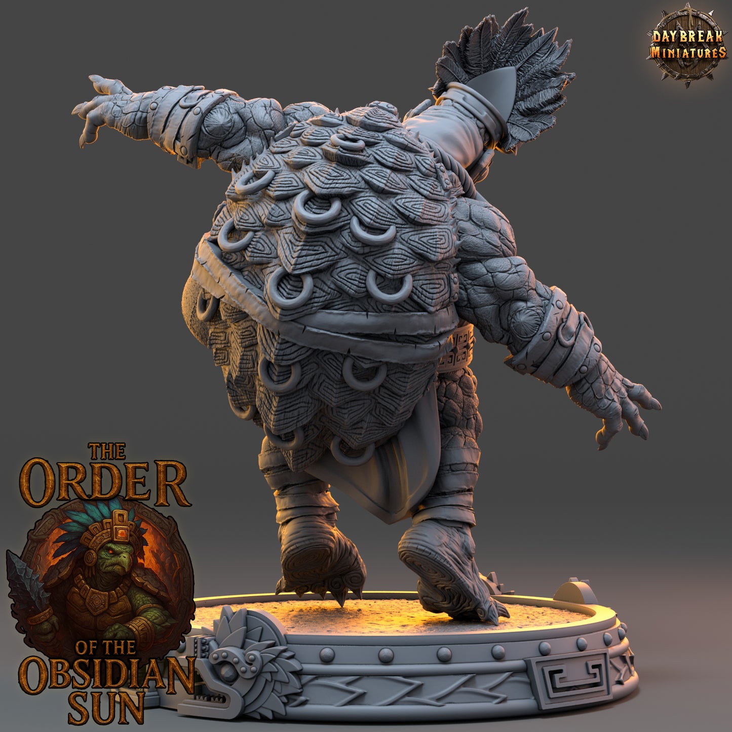 Chalcaxa Sunfang resin miniature, tortle-style reptilian warrior from the Order of the Obsidian Sun, detailed fantasy boss or NPC for TTRPG campaigns.
