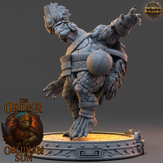 Chalcaxa Sunfang resin miniature, tortle-style reptilian warrior from the Order of the Obsidian Sun, detailed fantasy boss or NPC for TTRPG campaigns.