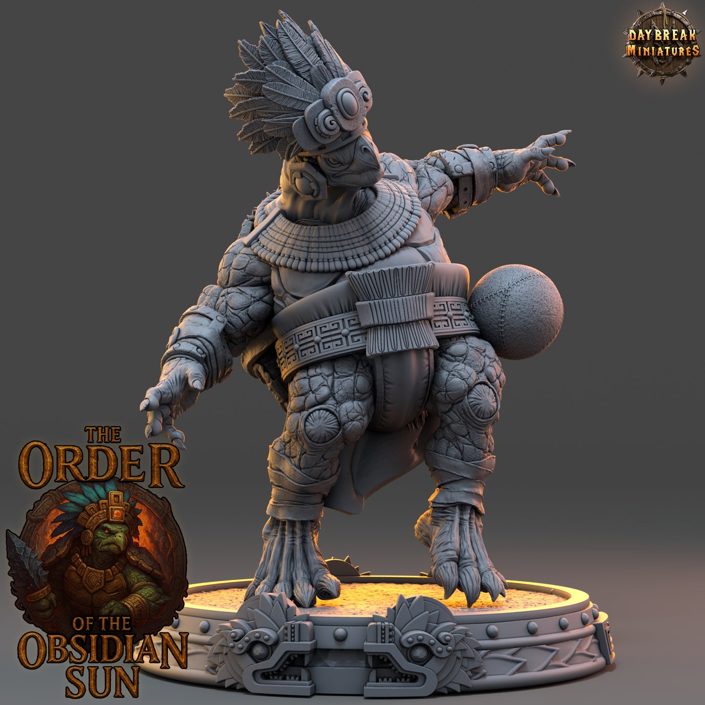 Chalcaxa Sunfang resin miniature, tortle-style reptilian warrior from the Order of the Obsidian Sun, detailed fantasy boss or NPC for TTRPG campaigns.
