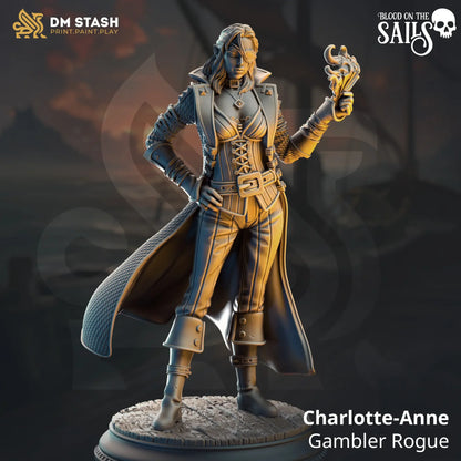 Charlotte-Anne gambler rogue miniature holding magic cards for TTRPG