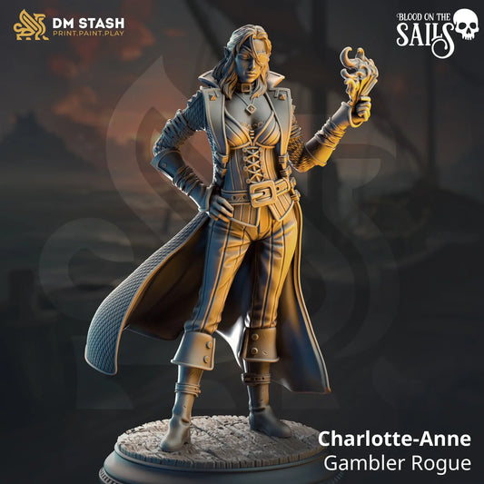 Charlotte-Anne gambler rogue miniature holding magic cards for TTRPG