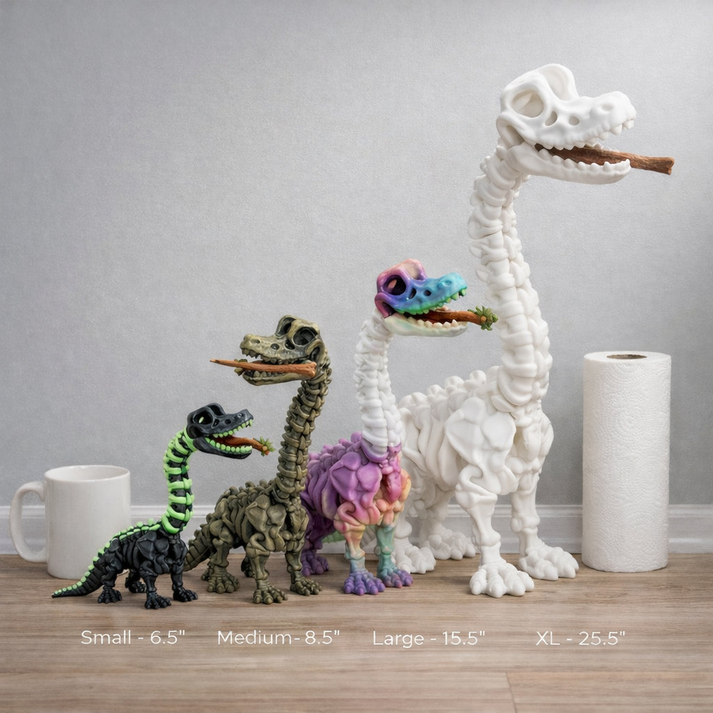 Set of dinosaur figurines in various sizes on a wooden floor with a plain wall background.