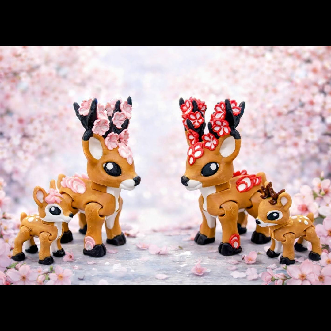 Two cherry blossom themed deer figures with floral antlers standing on a soft pink flower covered background, each shown with a smaller fawn companion