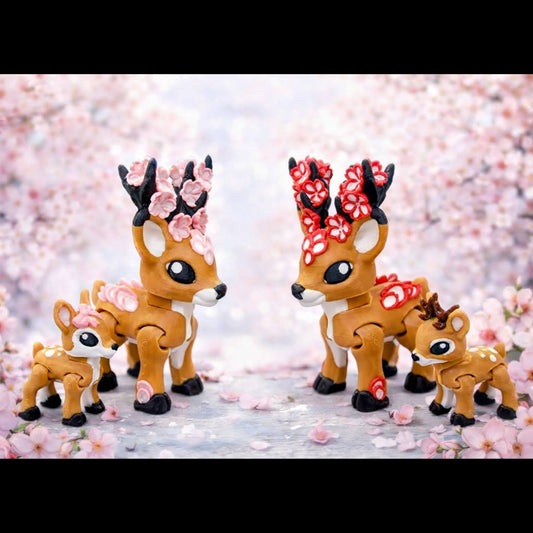 Two cherry blossom themed deer figures with floral antlers standing on a soft pink flower covered background, each shown with a smaller fawn companion