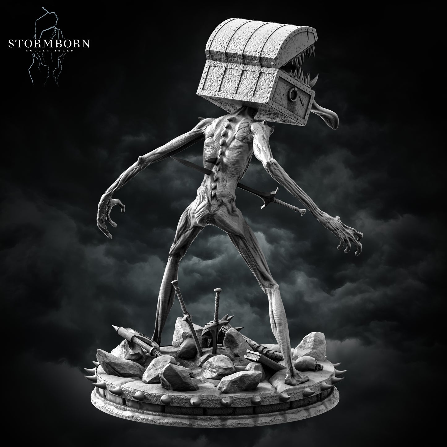 Chest Mimic resin miniature with monstrous chest head, long tongue, scenic base of weapons and skulls – fantasy monster figure for D&D and TTRPGs – D&K Custom Prints
