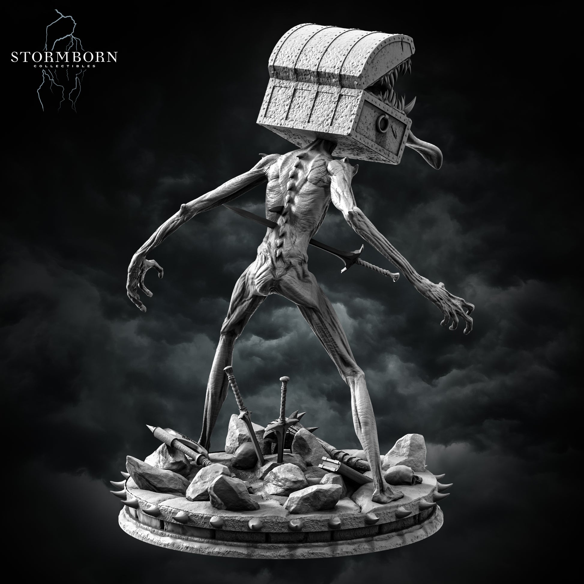 Chest Mimic resin miniature with monstrous chest head, long tongue, scenic base of weapons and skulls – fantasy monster figure for D&D and TTRPGs – D&K Custom Prints