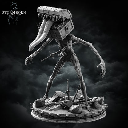 Chest Mimic resin miniature with monstrous chest head, long tongue, scenic base of weapons and skulls – fantasy monster figure for D&D and TTRPGs – D&K Custom Prints