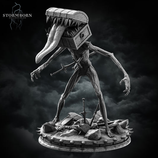 Chest Mimic resin miniature with monstrous chest head, long tongue, scenic base of weapons and skulls – fantasy monster figure for D&D and TTRPGs – D&K Custom Prints