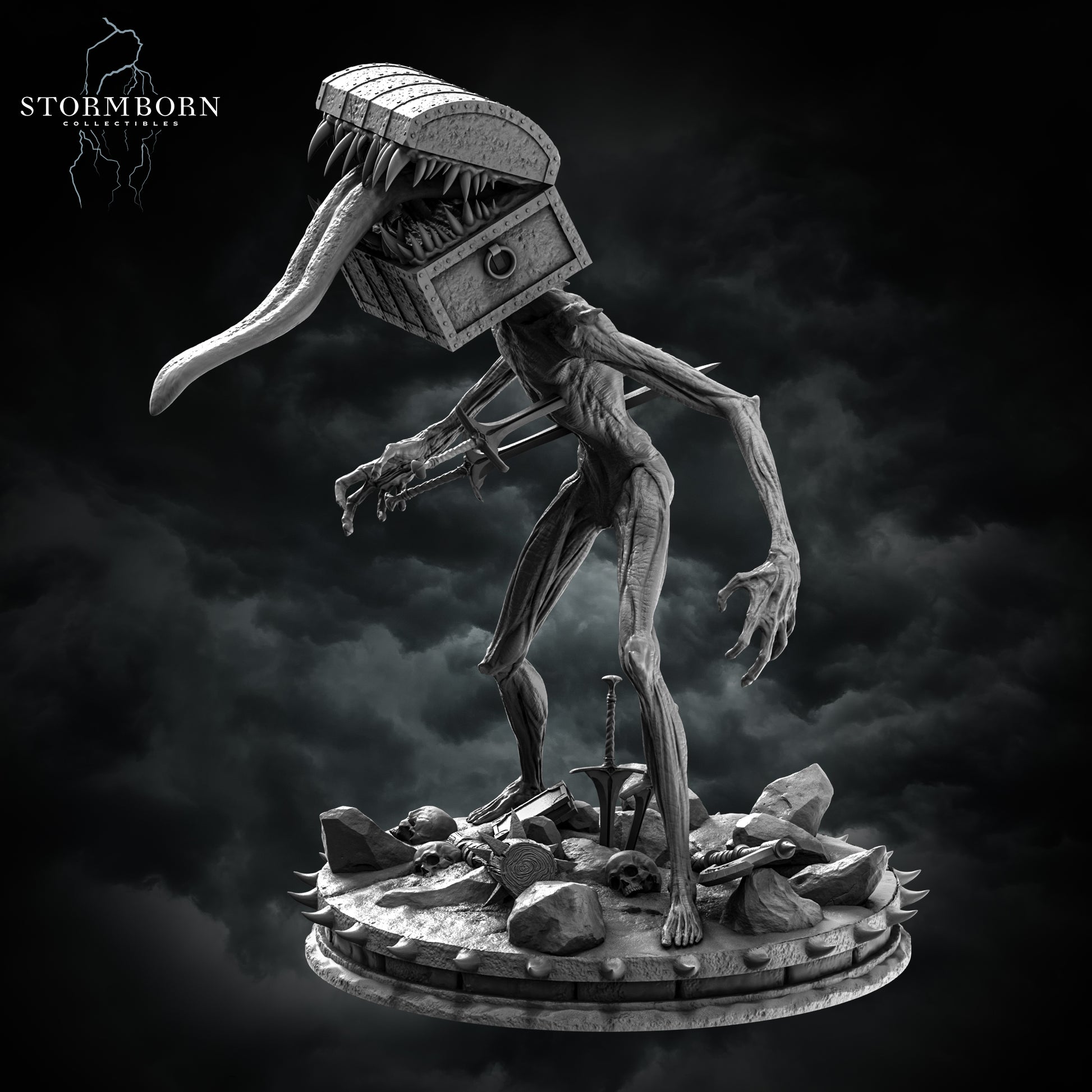 Chest Mimic resin miniature with monstrous chest head, long tongue, scenic base of weapons and skulls – fantasy monster figure for D&D and TTRPGs – D&K Custom Prints