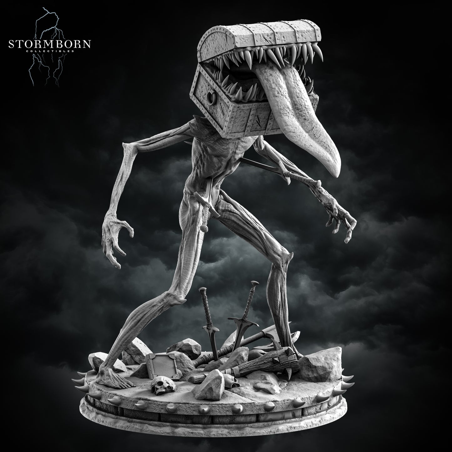 Chest Mimic resin miniature with monstrous chest head, long tongue, scenic base of weapons and skulls – fantasy monster figure for D&D and TTRPGs – D&K Custom Prints
